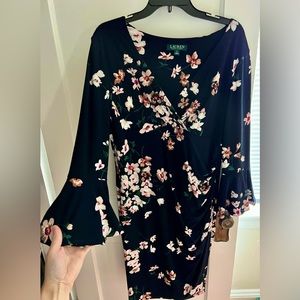 Size 16 Long-sleeved Navy Dress with Florals, Lauren by Ralph Lauren